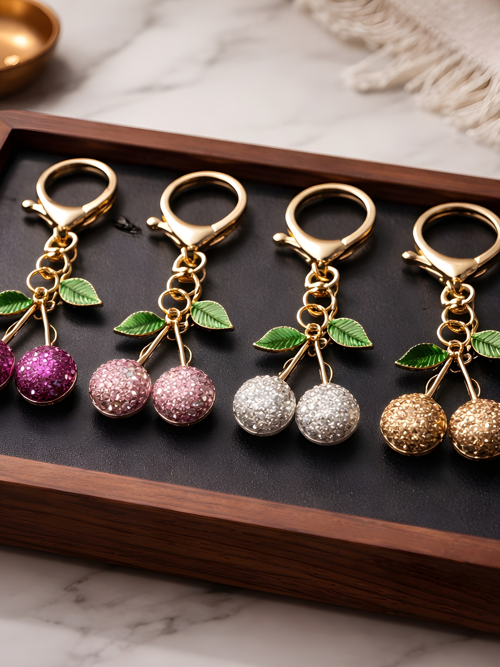Sparkle Cherry Keychain Charm - Pink, Purple, Silver, Gold/ Set Of 4